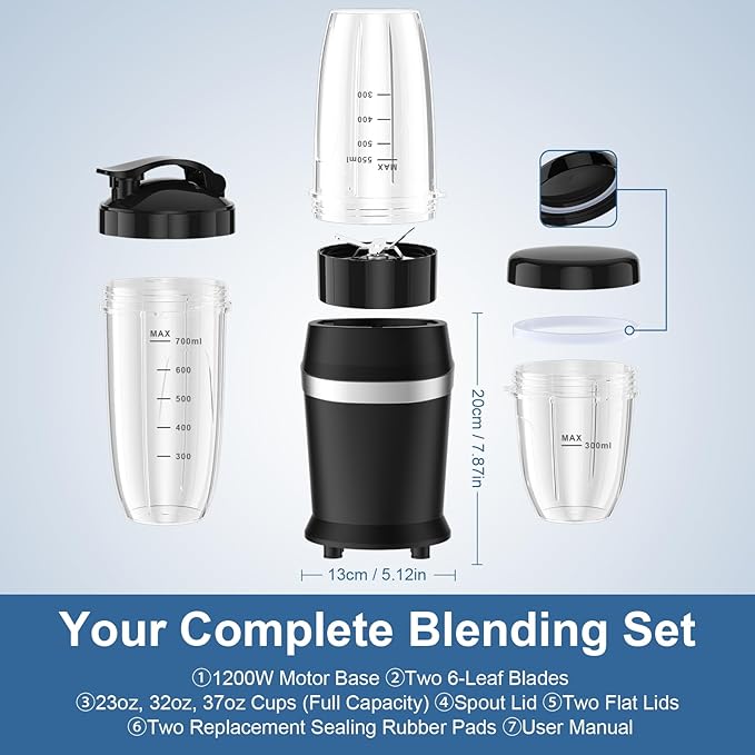 Colarlemo 12-Piece Smoothie Blender Maker 25,000 RPM Personal Blender for Ice Crushing Smoothies & Frozen Drinks Nuts with 23oz, 32oz, 37oz Portable Cups Two 6-Leaf Stainless Steel Blades, Matte Black