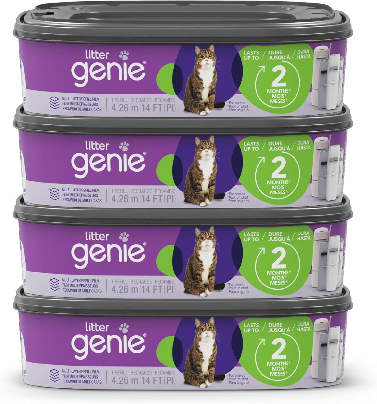 Litter Genie Refill Bags (4-Pack) | Multi-Layers of Odor-Barrier Technology | 1 Square Refill Cartridge Lasts Up to 2 Months Per Cat