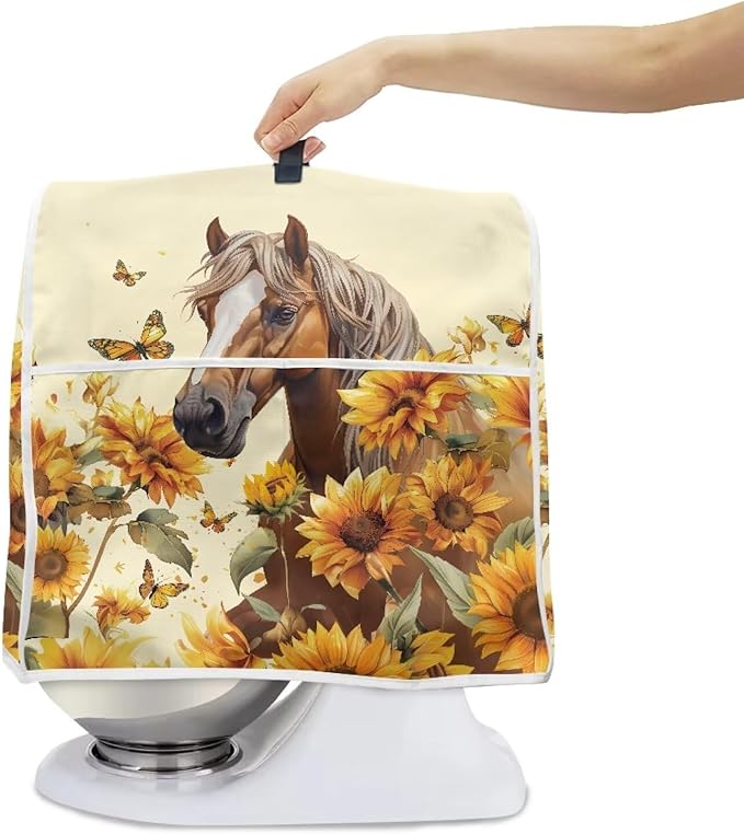 Sunflower Horse Mixer Cover | Foldable & Portable Dust Protector with Carrying Handles | Compatible with 4.5-5 Quart Stand Mixers, Coffee Makers & Juicers