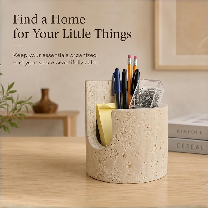 Natural Travertine Sponge Holder for Kitchen Sink – Solid Stone Cylinder Sponge Caddy with Dual-Height Cut-Out, Compact Countertop Sink Organizer & Modern Home Décor