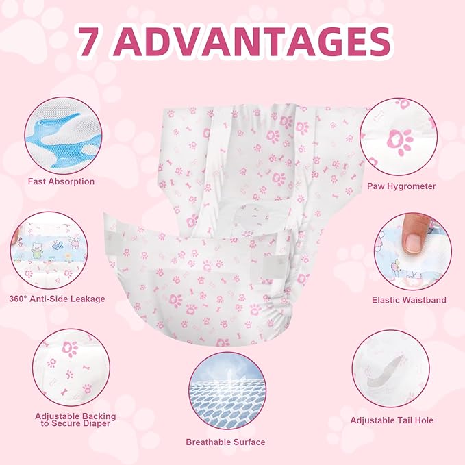 Disposable Dog Diapers Female 90 Count Doggie Diapers for Female Dogs (Waist 16-23.5 in XL) Super Absorbent Extra Large Dog Pads for Heat Excitable Urination or Incontinence - Pink