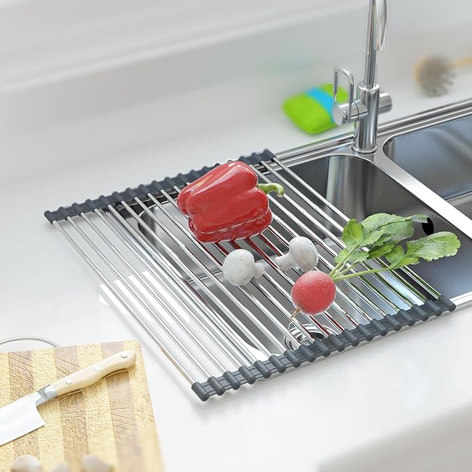 Expandable Large Draining Rack, Roll Up Heat-Resistant Dish Drainer for Stainless Steel Sinks, Collapsible Over The Sink Rack Non-Slip Silicone Rolling Up Rack 18 Tube