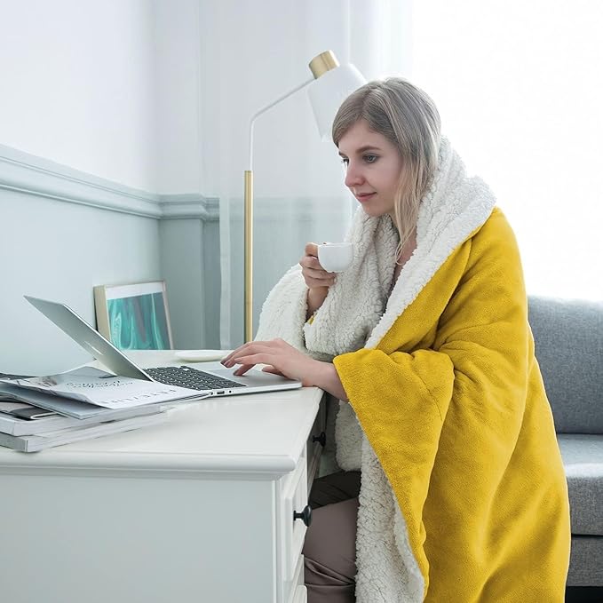 IR Imperial Rooms Sherpa Fleece Queen Size Blanket for Bed - Thick and Warm Blanket for Winter Reversible Soft and Fluffy Blankets Queen Size, Yellow, 90x90 Inches