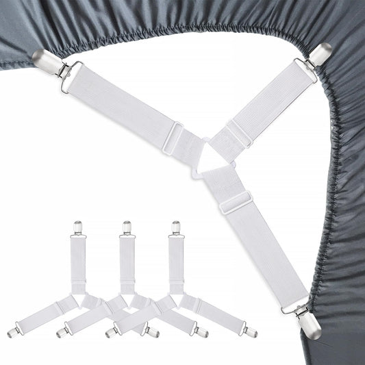 Bed Sheet Fasteners, Adjustable Mattress Suspenders, Mattress Cover Straps, Bed Corner Holder and Keepers and the Bed Sheet Grippers Clips (Triangle White Set of 4)