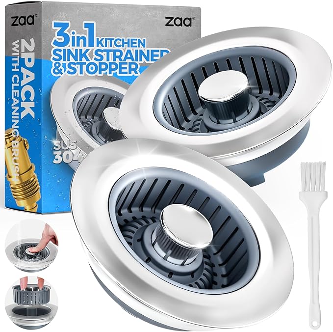 zaa Kitchen Sink Drain Strainer - Kitchen Sink Stopper, Stainless Steel Kitchen Drain Plug & Cover with Anti-Clogging Basket Strainer, Fit US Standard 3-1/2'' Sink Drain Hole, Silver