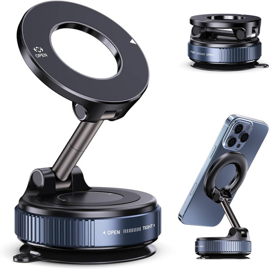 Vacuum Magnetic Suction Phone Holder, Foldable and Retractable Hands-Free Suction Cup Phone Mount for Car/Gym/Mirror/Smooth Surface, Compatible with iPhone Android and All Smartphones (Black)