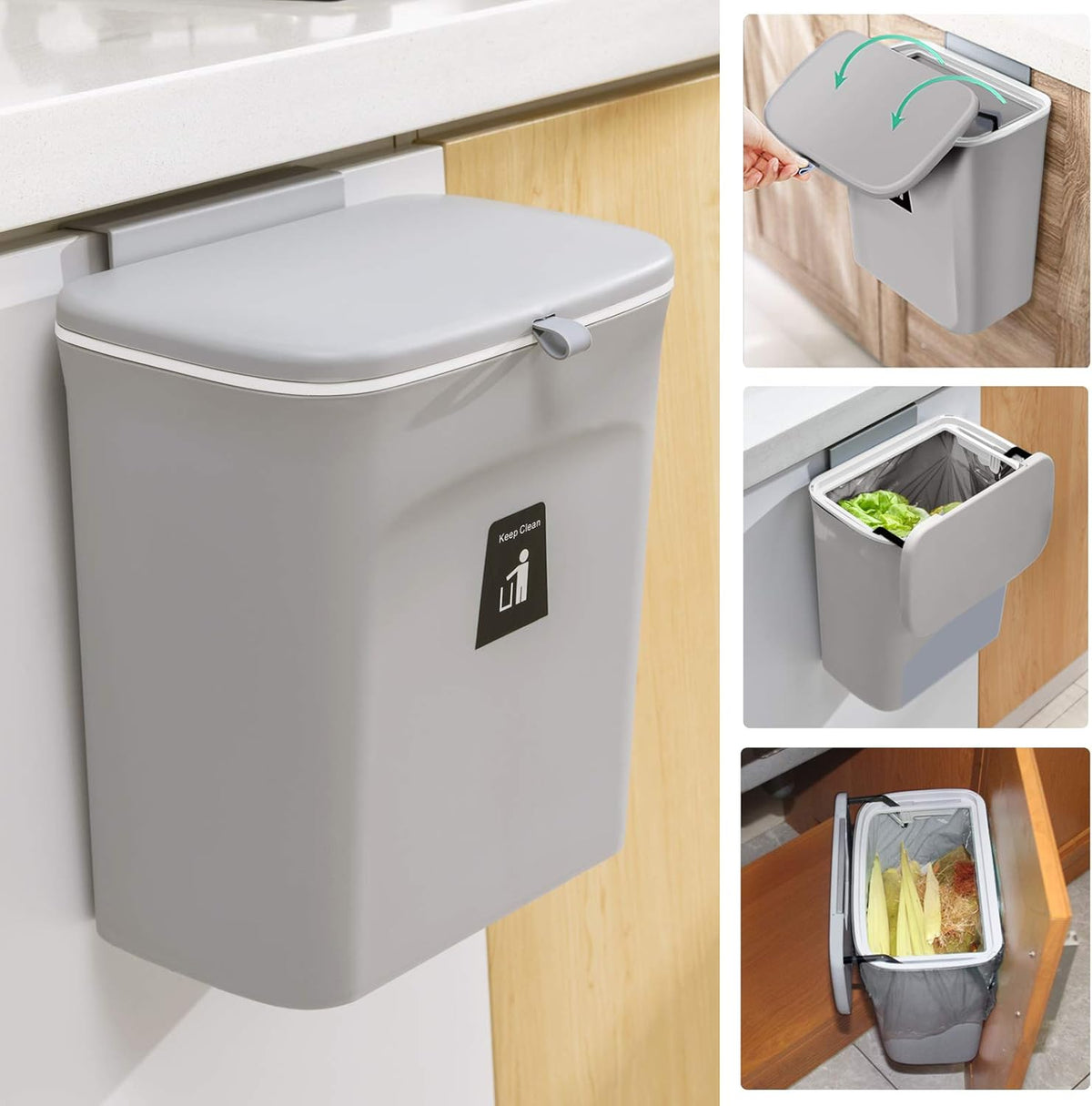 Tiyafuro 2.4 Gallon Kitchen Compost Bin for Counter Top or Under Sink, Hanging Small Trash Can with Lid for Cupboard/Bathroom/Bedroom/Office/Camping, Mountable Indoor Compost Bucket, Gray