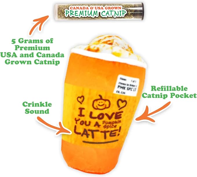 Meowijuana Refillable Cat Toys | Get Spooked - Pumpkin Spice Latte Catnip Toy | Includes Potent Hand Harvested Catnip Grown in North America | Promotes Play and Cat Health