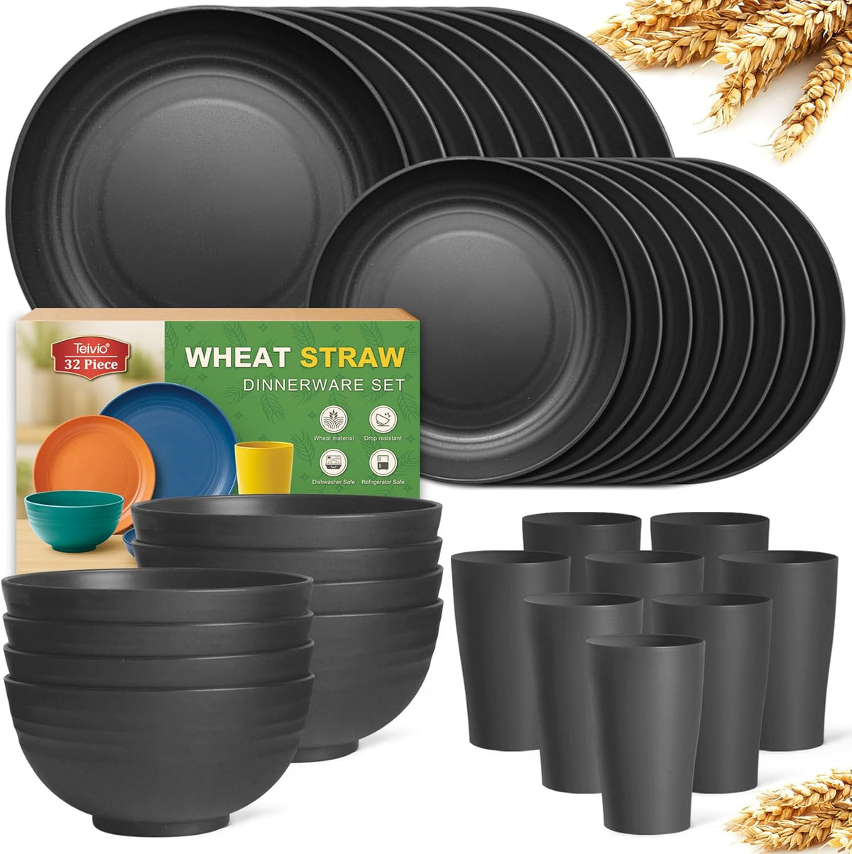 Teivio 32-Piece Kitchen Plastic Wheat Straw Dinnerware Set, Service for 8, Unbreakable Modern Dish Set - Dinner Plate/Dessert Plate/Cereal Bowl/Cup, for Apartment Essentials, Outdoor Camping,Black