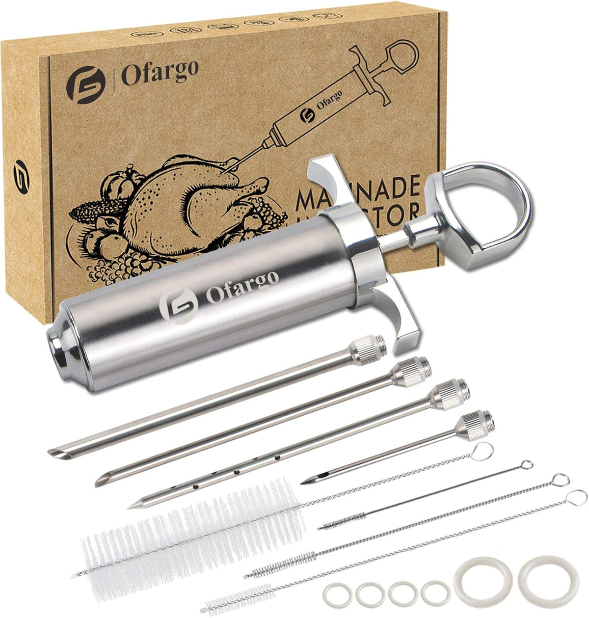 Ofargo Stainless Steel Meat Injector Syringe Kit with 4 Marinade Needles for BBQ Grill Smoker, Gifts for Men Dad Husband in Thanksgiving Christmas Day, 2-oz Large Capacity, Both Paper User Manual and E-Book Recipe