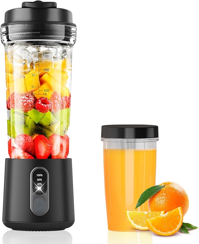 Portable Blender for Smoothies and Shakes, 2 Portable Blender Cups, 17 &10 oz Cordless Personal Small Blender with Straw Brush&Lid, USB-C Rechargeable, Quiet Mini Travel Blender, Black