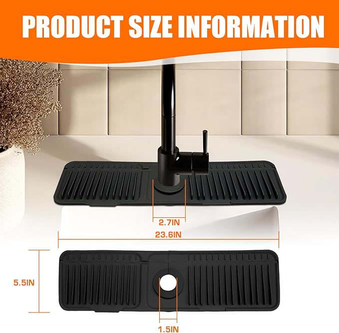 24" Silicone Faucet Mat for Kitchen Sink,7° Draining Mat with Snap Button Lock,Faucet Splash Guard and Sink Counter Organizer,Trim-to-Fit Kitchen Faucet Protector for Sponge Brush Cup
