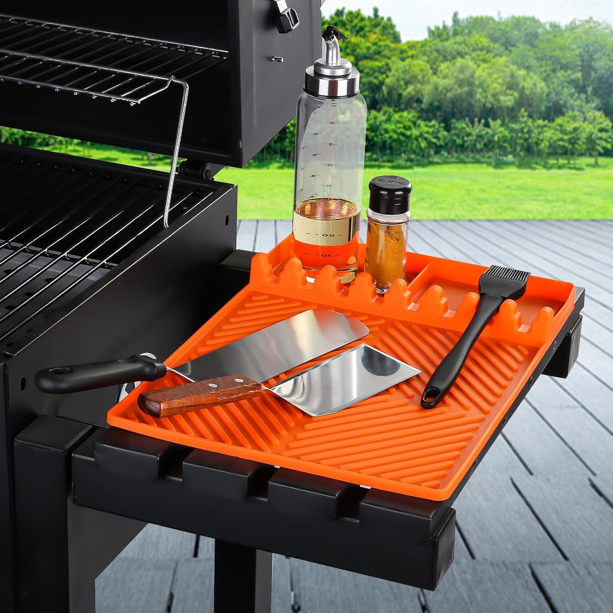 Silicone Tools Mat for Griddle Kitchen Cooking Baking Countertop-Side Shelf Spatula Mat with Drip Pad for Blackstone Weber Traeger Pit Boss Flat Top Grill Smoker- BBQ Accessories Gifts for Men(Orange)
