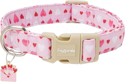 Faygarsle Valentine's Day Dog Collar, Pink with Red and White Hearts Pattern, Adjustable with Quick-Release Buckle and Heart Charm XS
