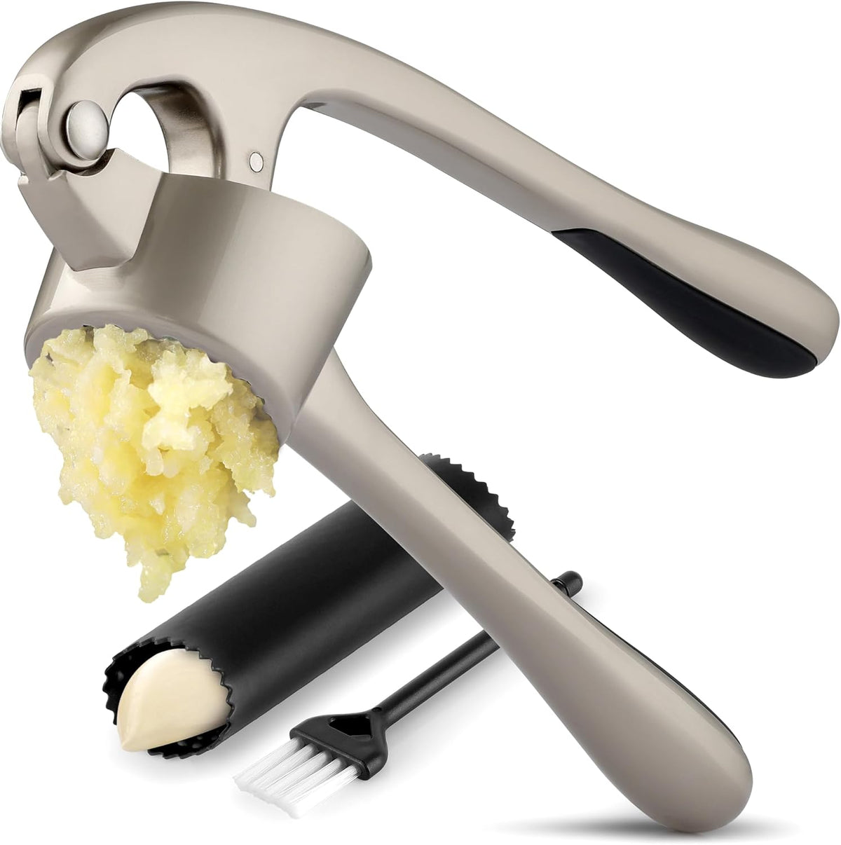 Zulay Kitchen Premium Garlic Press Set - Rust Proof Professional Garlic Mincer Tool - Easy-Squeeze, Easy-Clean with Soft, Ergonomic Handle - Silicone Garlic Peeler & Brush (Silver)