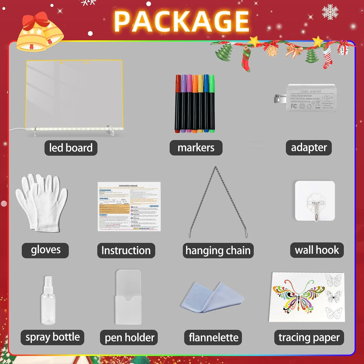 LED Note Board with 7 Colors, Includes Adapter, 13"x10" Led Drawing Board for Kids, Light Up Dry Erase Boards with 7 Markers, Soft Cloth, Hanging Chain, Holiday Trend Gift