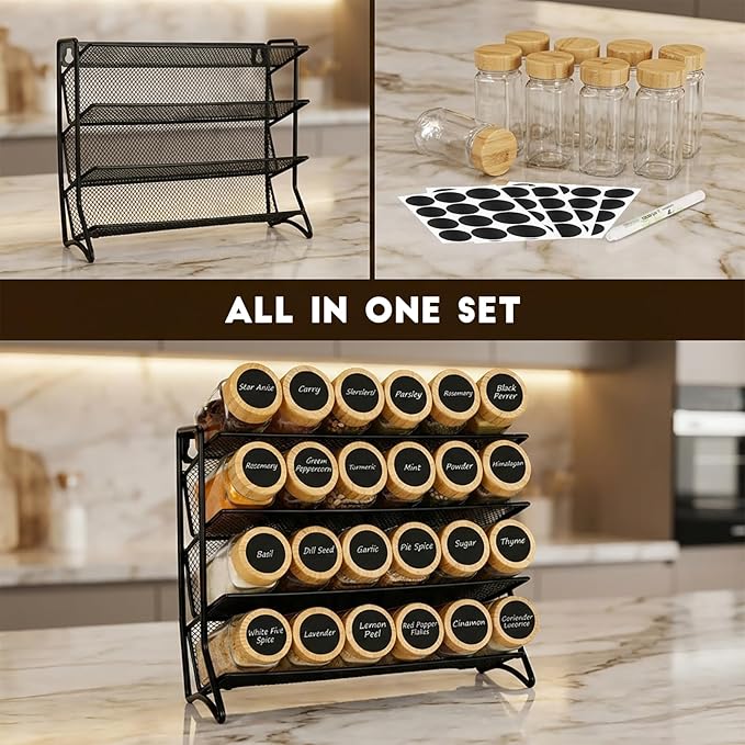 DIDITIME Spice Rack Organizer with 24 Glass Jars and 60 Labels, 4-Tier Seasoning Organizer for Cabinet, Countertop, Pantry or Wall Mount, Rust-Resistant Carbon Steel Spice Jar Set with Marker