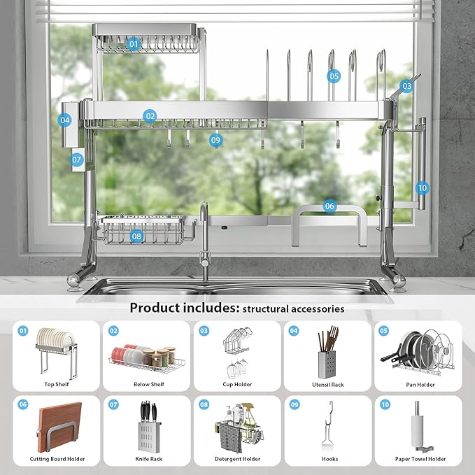 Over Sink Dish Drying Rack, Upgrade 2.5-Tier 304 Stainless Steel Dish Rack Adjustable Length with Pots and Pans Rack, Modern Over The Sink Dish Drainer Rack for Kitchen Storage Counter Organizer