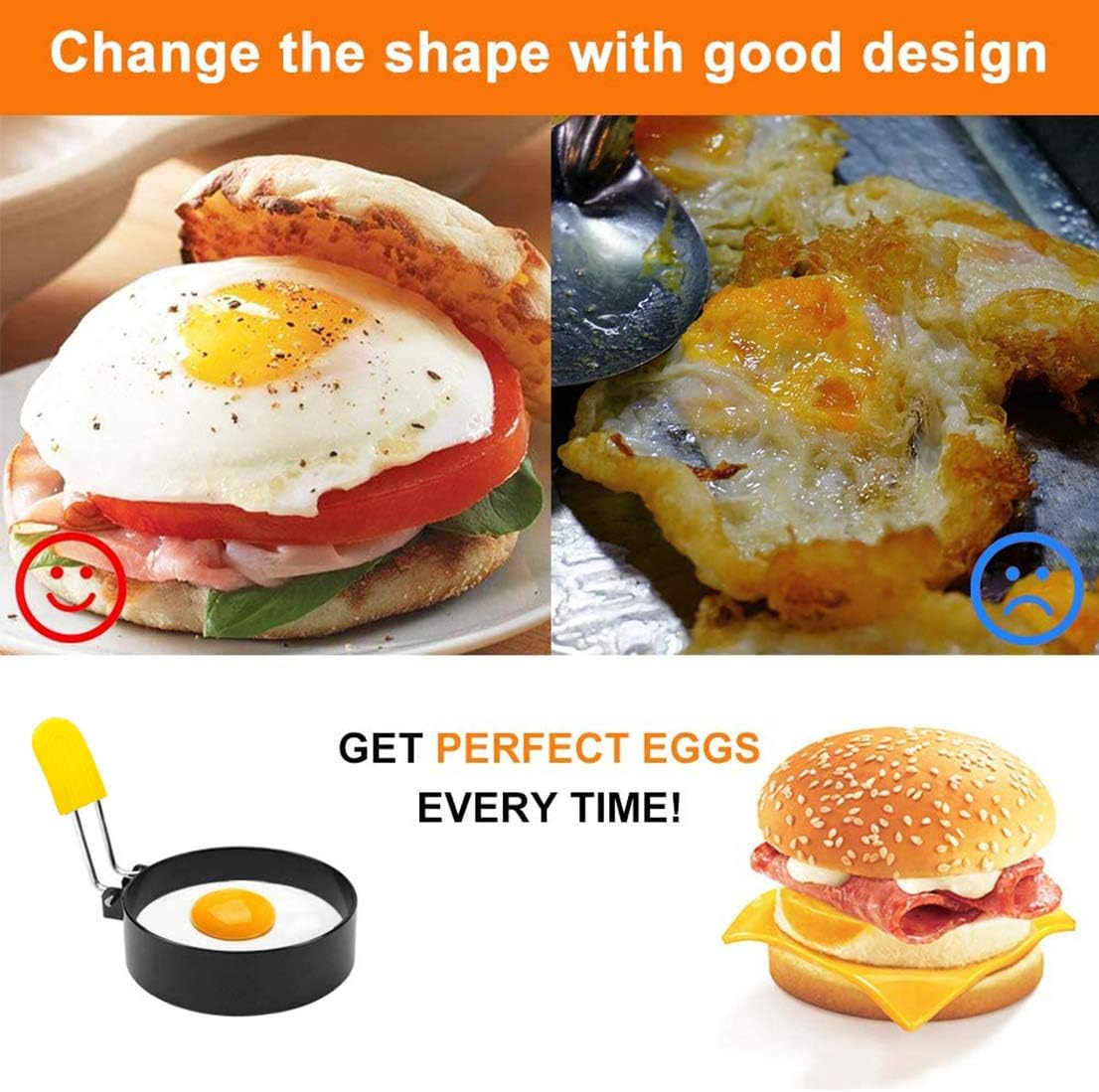 Egg Ring for Frying Eggs and English Muffin - Round Egg Shaper Mold with Anti-scald Handle - Stainless Steel Non-stick Egg Cooker Ring - 4 Pack