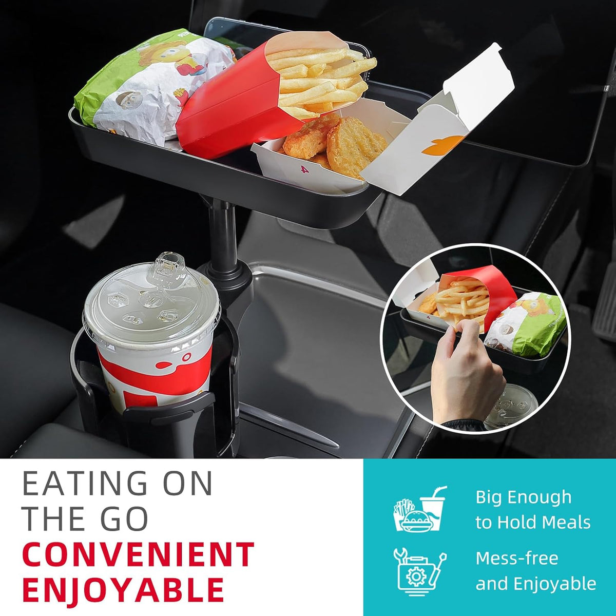 DYLEN Car Cup Holder Tray, Cup Holder Expander Adapter for Car, 9.5” Detachable Car Food Tray Table for Eating, Road Trip Essentials Fits Yeti, Hydro Flask 16-46 oz