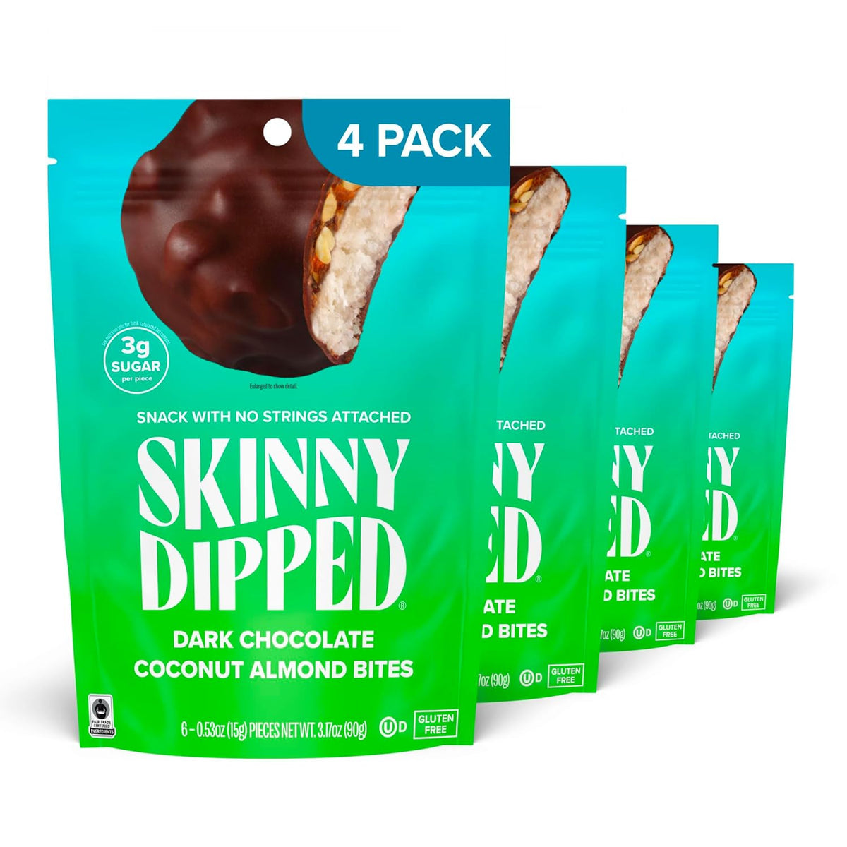 SkinnyDipped Dark Chocolate Coconut Almond Bites, Low Sugar Chocolate Coconut Bar, 3.17oz Resealable Bags, Pack of 4 (24 Bites Total)