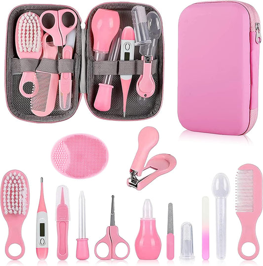 Baby Grooming Kit, Infant Safety Care Set with Hair Brush Comb Nail Clipper Nasal Aspirator,Baby Essentials Kit for Newborn Girls Boys (Pink Baby Grooming kit)