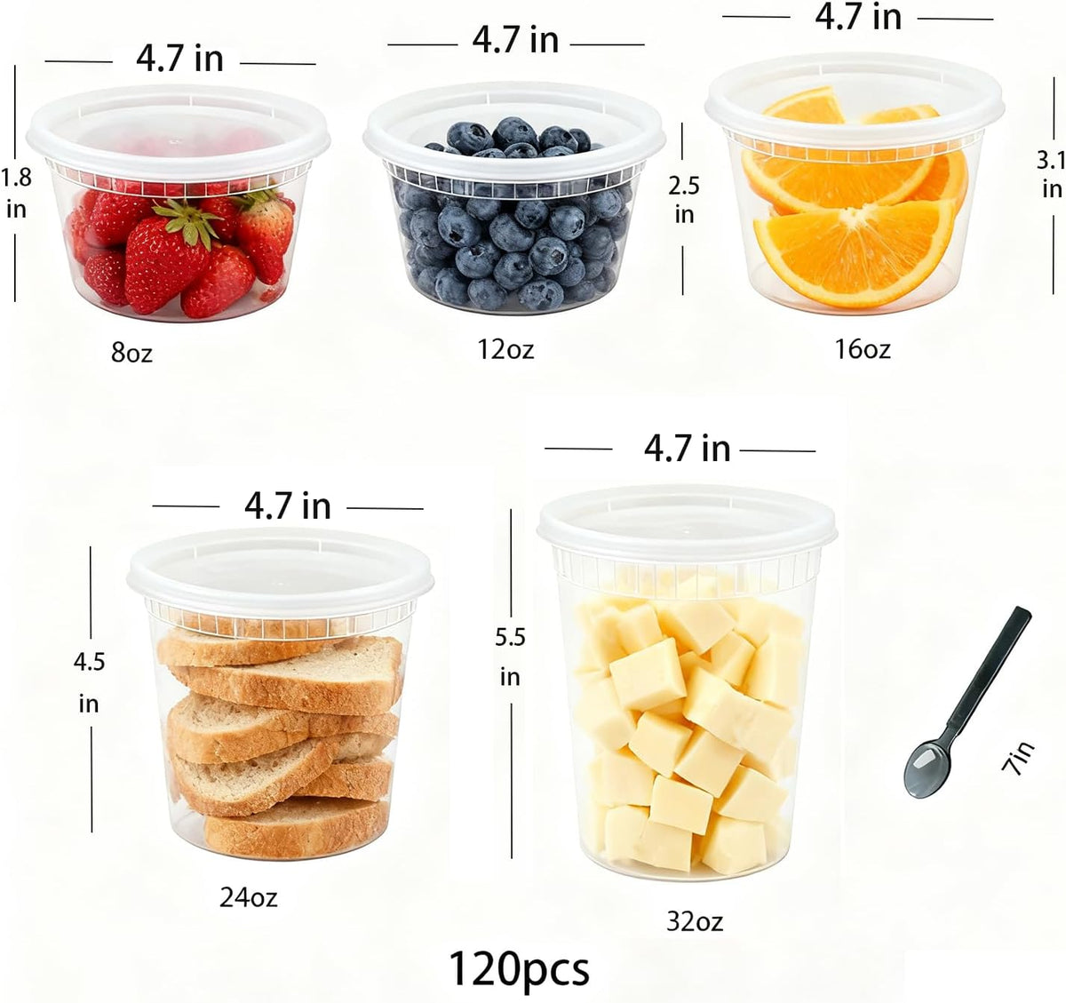 120 Sets (220-Piece) Deli Containers with Lids, 32/24/16/12/8 OZ X 20 Set Each,20 Spoons,Leak-Proof Plastic Airtight Takeout Meal Prep StorageBPA Free,Freezer/Microwave/Dishwasher Safe