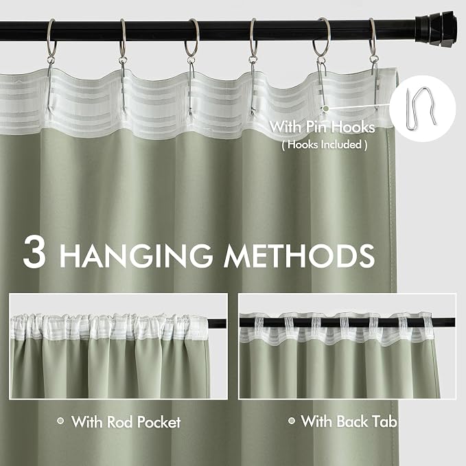 MIULEE Back Tab Sage Green Curtains 108 Inch Long 2 Panels Set