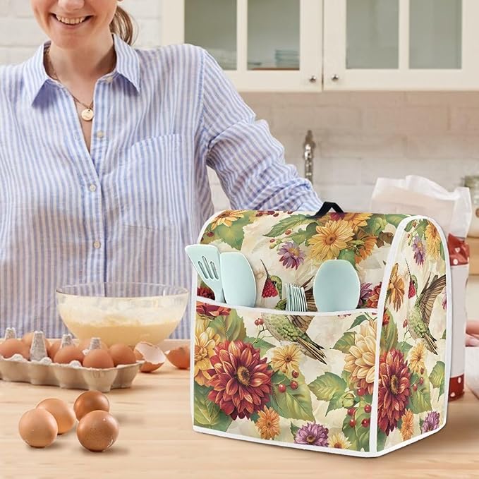 Floral Hummingbird Kitchen Dust Covers for Stand Mixer with Handle & Storage Pocket Oil-Resistant Food Processor Covers for Kitchen Counter Universal Fits 6-8 Qt Kitchen Mixers