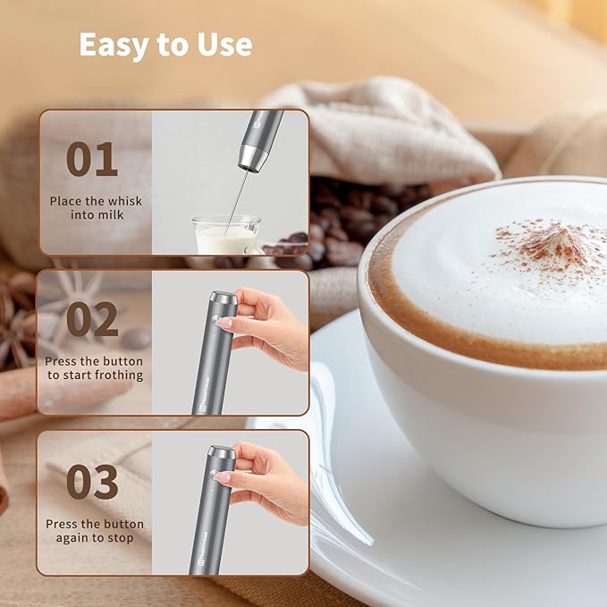 Maestri House Rechargeable Milk Frother with Stand, LunaFro Handheld Electric Foam Maker Waterproof Detachable Stainless Steel Whisk Drink Mixer Foamer for Lattes, Cappuccino