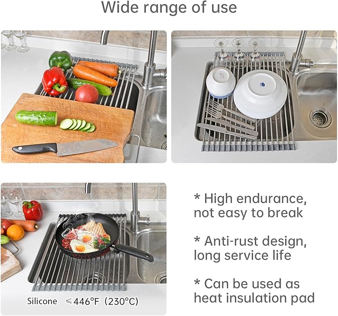 Large Expandable Roll Up Dish Drying Rack, Heat-Resistant Dish Drainer for Stainless Steel Sinks, Over The Sink Non-Slip Silicone Rollable Dish Drainer Roll Rack 18 Tube Gray 21.25''x12.79''
