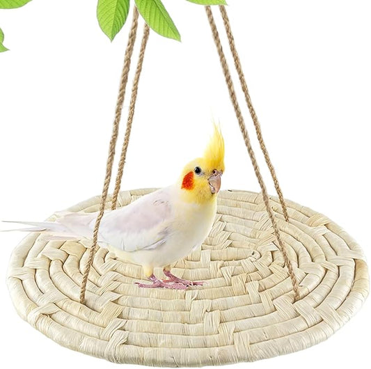 FlidRunest Bird Swing Hammock Bed, Natural Corn Woven Parrot Hammock Swing Mat, Hanging Bird Climbing Perch Mat, Relieve Boredom Chewing Toy for Birds Parakeets Lovebirds Cockatiels Conure, yellow