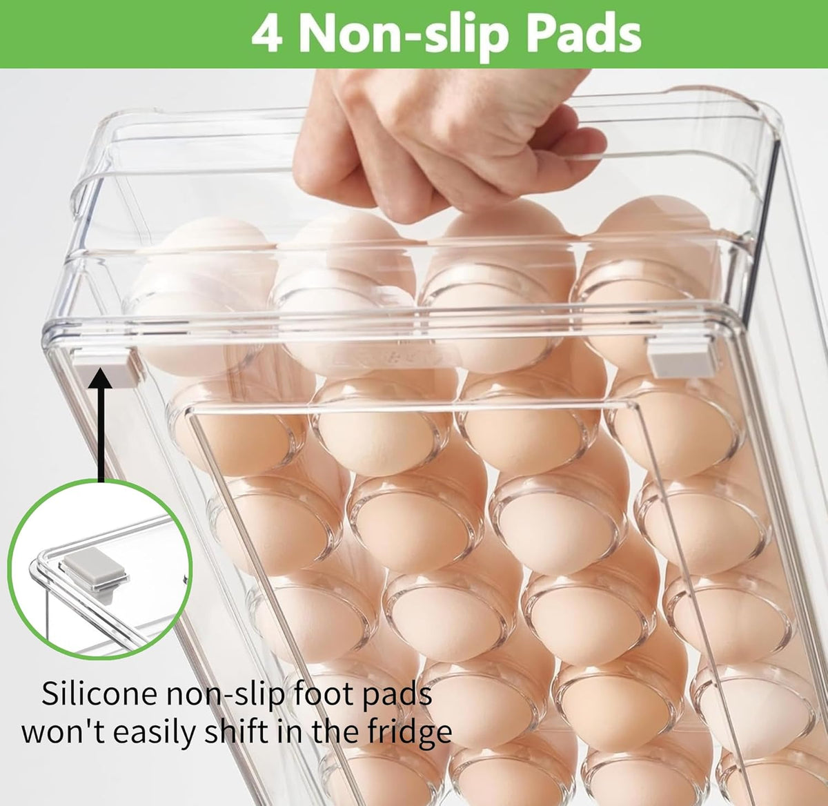 vacane 24 Capacity Egg Holder for Refrigerator Organizer Bins, BPA Free Egg Storage Container with Non-Slip Pads, Space-Saving Egg Tray for Fridge Drawer