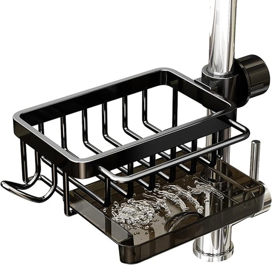 Kitchen Sink Faucet Organizer, Sponge Holder Over Faucet Kitchen Sink Caddy Organizer, Multifunction Organizer Rack for Bathroom, Scrubbers, Soap, Work With 0.7-1.1inch Round Water Pipe (Black, Left)