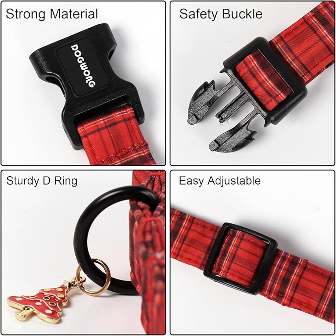 DOGWONG Christmas Plaid Dog Collar, Cute Adjustable Red Tartan Collar, Red Grid Dog Collar with Strong Plastic Buckle for Small Medium Large Dogs,S