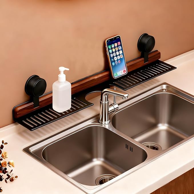 Bathroom Sink Shelf Over Faucet, No Drill Floating Shelf for Bathroom Sink, Under Sink Caddy Organizers for Toothbrush Soap (Black, 24 inch)