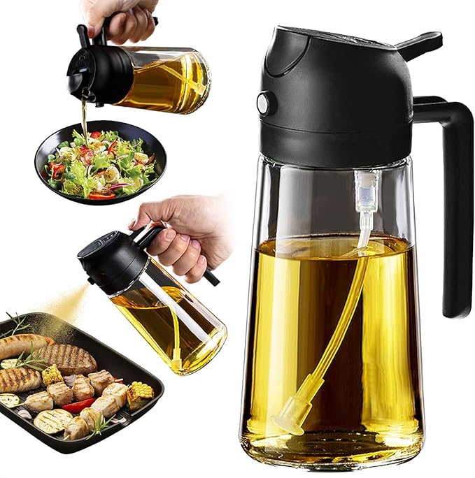 TrendPlain 16oz/470ml Glass Olive Oil Sprayer for Cooking – 2 in 1 Olive Oil Dispenser Bottle for Kitchen Gadgets and Air Fryer Accessories, Salad, BBQ - Black