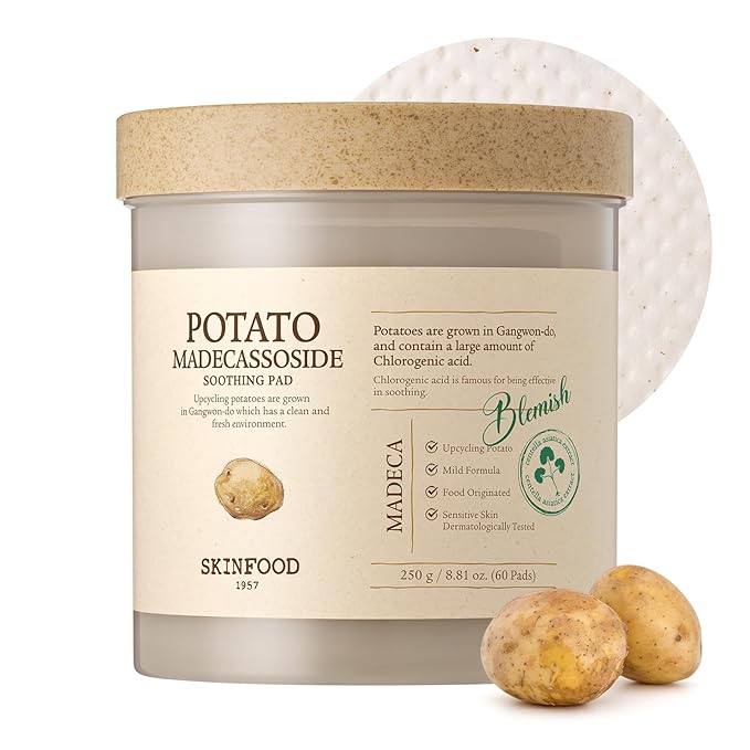 SKINFOOD Potato Madecassoside Soothing Toner Pad, Korean Skincare Facial Toner, Blemish Pads, Damaged Skin Barrier Improvement, Redness Relief, 8.81 oz (60 Pads)