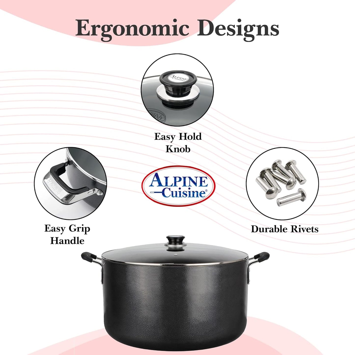 Alpine Cuisine 30 Quart Non-stick Stock Pot with Tempered Glass Lid and Carrying Handles, Multi-Purpose Cookware Aluminum Dutch Oven for Braising, Boiling, Stewing