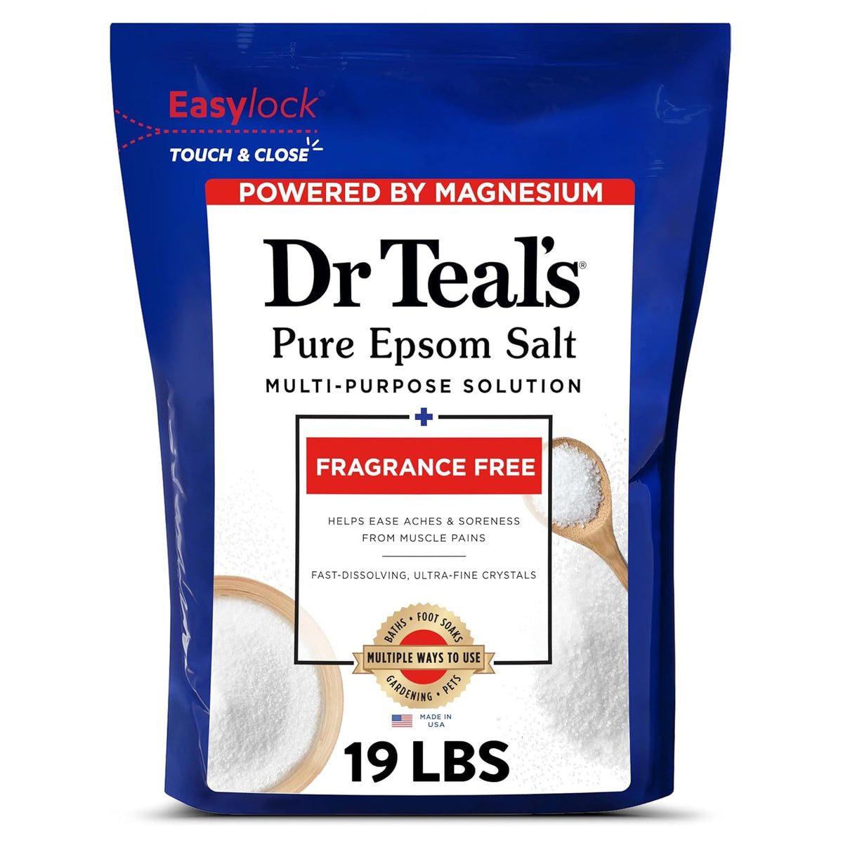 Dr Teal's Pure Epsom Salt Bulk Magnesium Sulfate USP, Fragrance Free, 19 lbs