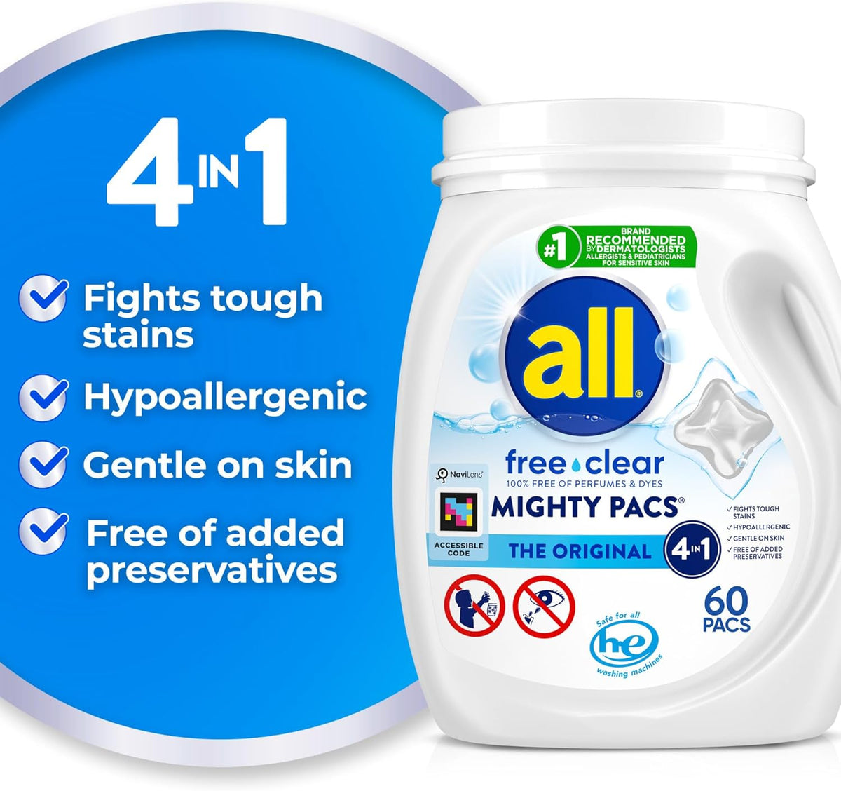 All Mighty Pacs Laundry Detergent, Free Clear for Sensitive Skin, Tub, 60 Count