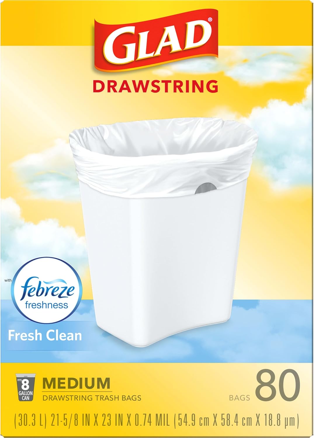 Glad Medium Kitchen Drawstring Trash Bags, 8 Gal, Fresh Clean Scent, 80 Ct (Package May Vary)