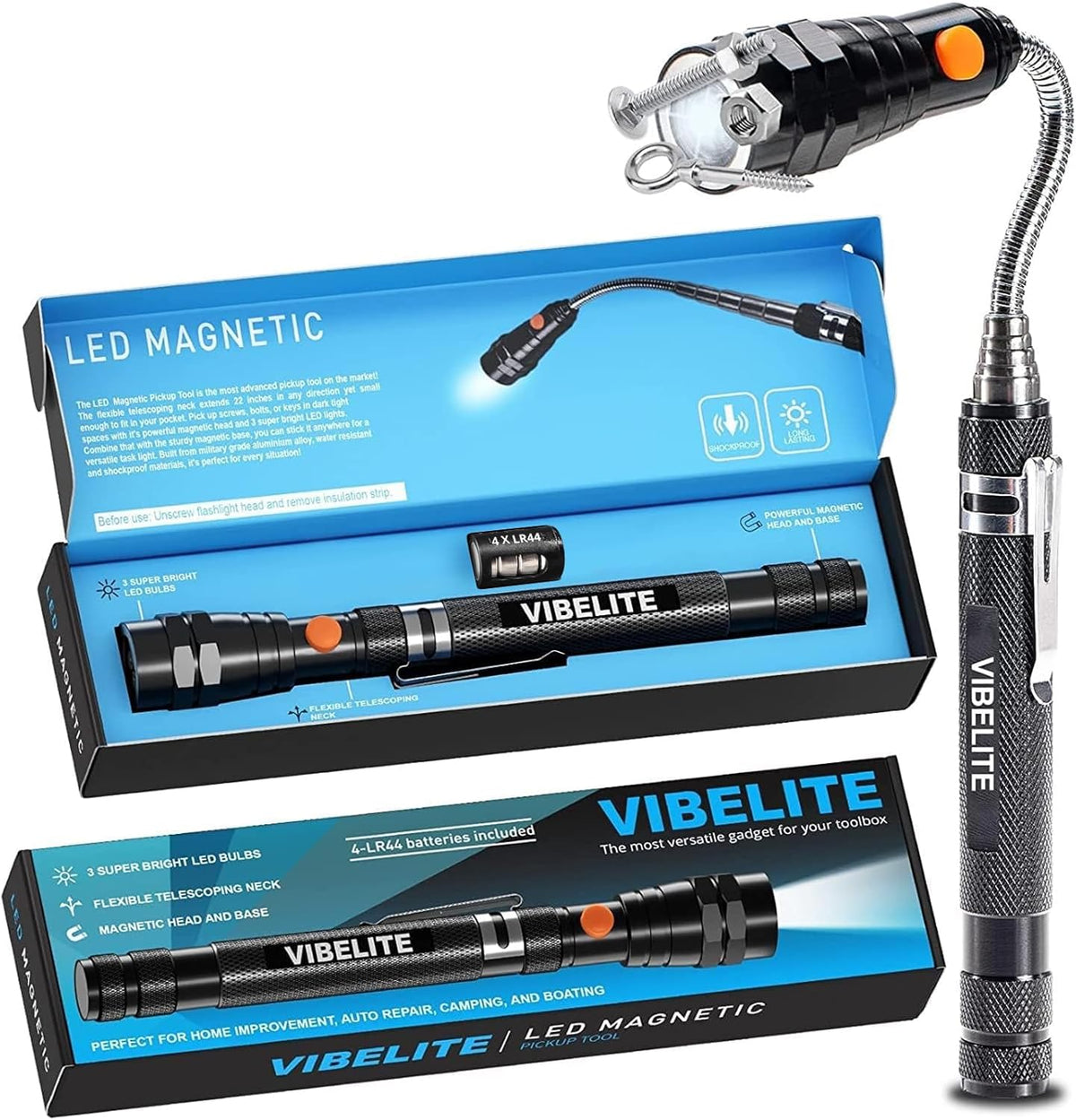 VIBELITE Extendable Magnetic Flashlight with Telescoping Magnet Pickup Tool-Cool Gadget Gifts Stocking Stuffers for Men, Teen Boys, Husband, Dad, Father, Mechanic, Him, Women, Black