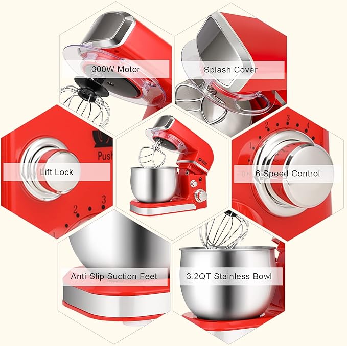 Stand Mixer, Kitchen in the box 3.2Qt Small Electric Food Mixer,6 Speeds Portable Lightweight Kitchen Mixer for Daily Use with Egg Whisk,Dough Hook,Flat Beater (Red)