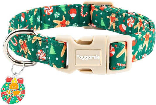 Faygarsle Christmas Dog Collar, Green Gingerbread Pattern, Plastic Buckle with Metal D-Ring, Holiday Pet Accessory, for Small Medium Large Dogs M