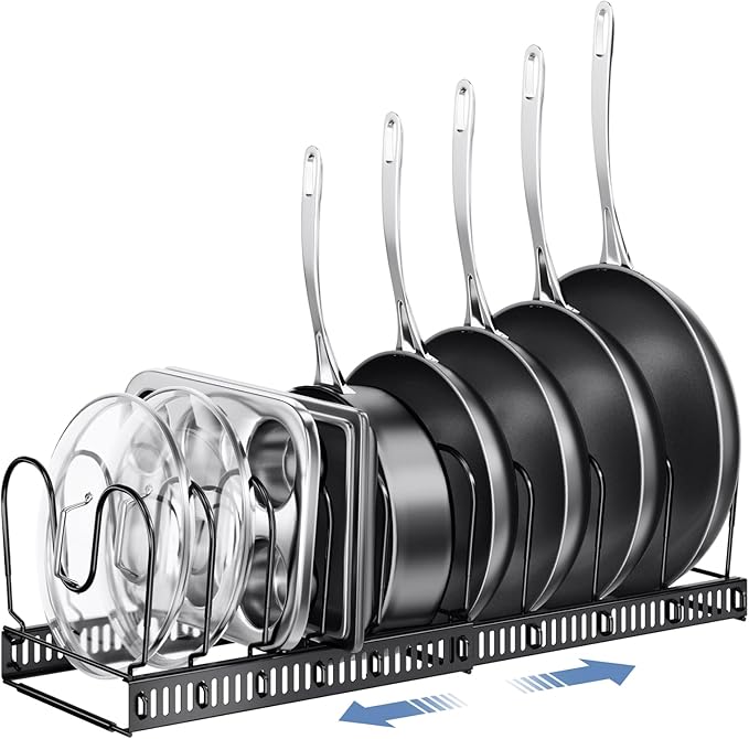 ORDORA Pots and Pans Organizer under Cabinet with Pot Lid Organizer, Expandable Rack for Pan and Pot Organizers Inside Cabinet, 12"-23" Adjustable with 10 Dividers for Kitchen Organization, Black