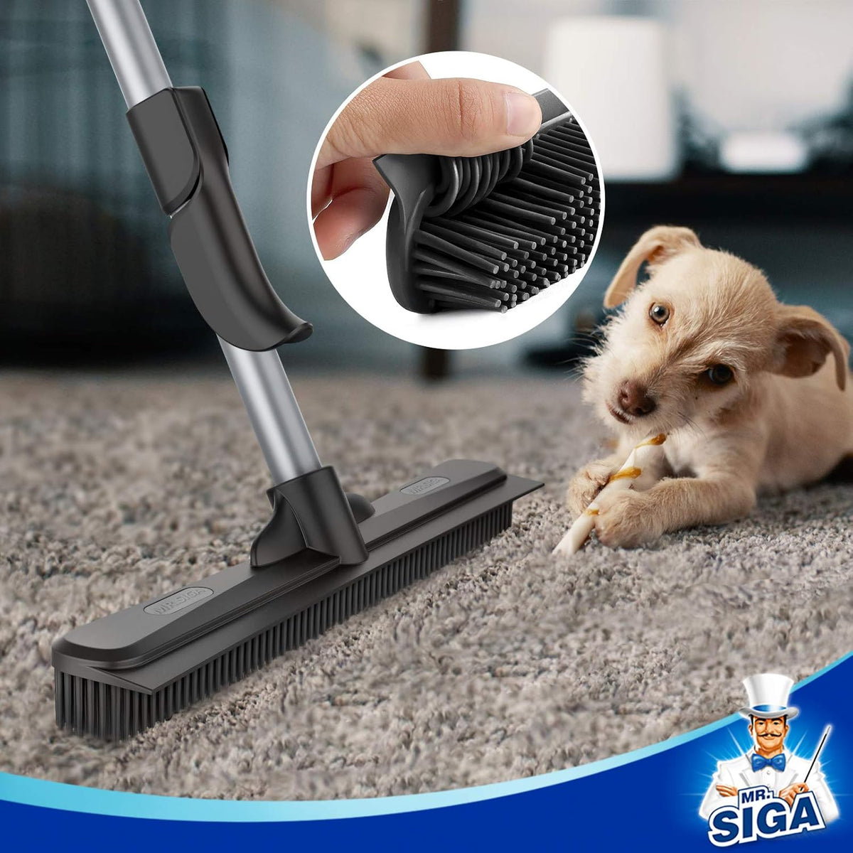 MR.SIGA Pet Hair Removal Rubber Broom with Built in Squeegee, 3 in 1 Floor Brush for Carpet, 61 inch Adjustable Handle, Includes 1 Microfiber Cloth for Floor Dusting