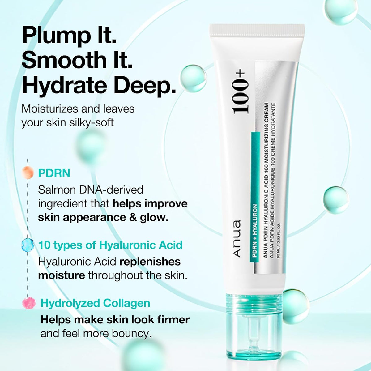 ANUA PDRN Hyaluronic Acid 100 Moisturizing Cream, Lightweight Hydrating Moisturizer with Salmon PDRN, Hyaluronic acid, Collagen for Glass Skin, Korean Skin Care (60ml / 2.02 fl. oz)
