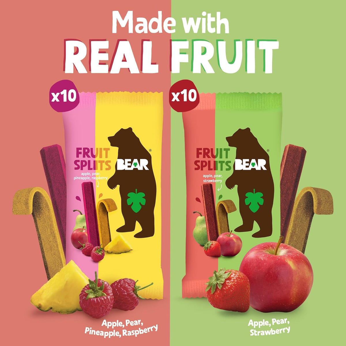 BEAR Real Fruit Snack Splits - Gluten Free, Vegan, and Non-GMO - Variety Pack (Apple/Strawberry, Raspberry/Pineapple)– Healthy School And Lunch Snacks For Kids And Adults, 0.7 Ounce (Pack of 20)