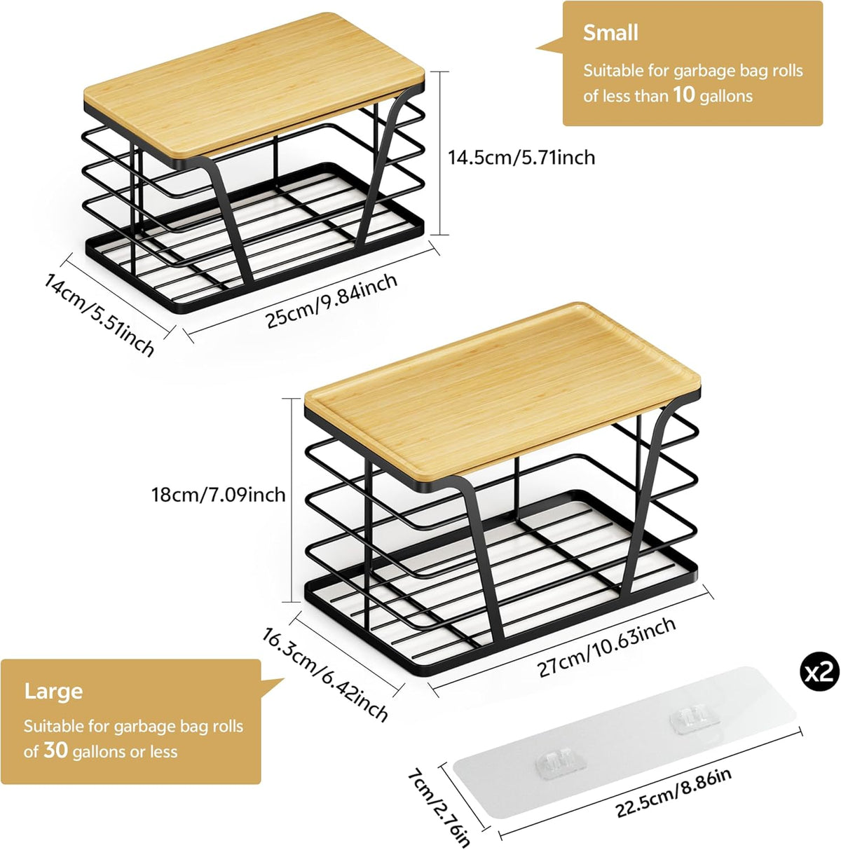 2 Pack Stackable Storage Laundry Kitchen Organizers, Wall Mount Trash Bag Holder with Bamboo Top and Garbage Bag Dispenser No Drill